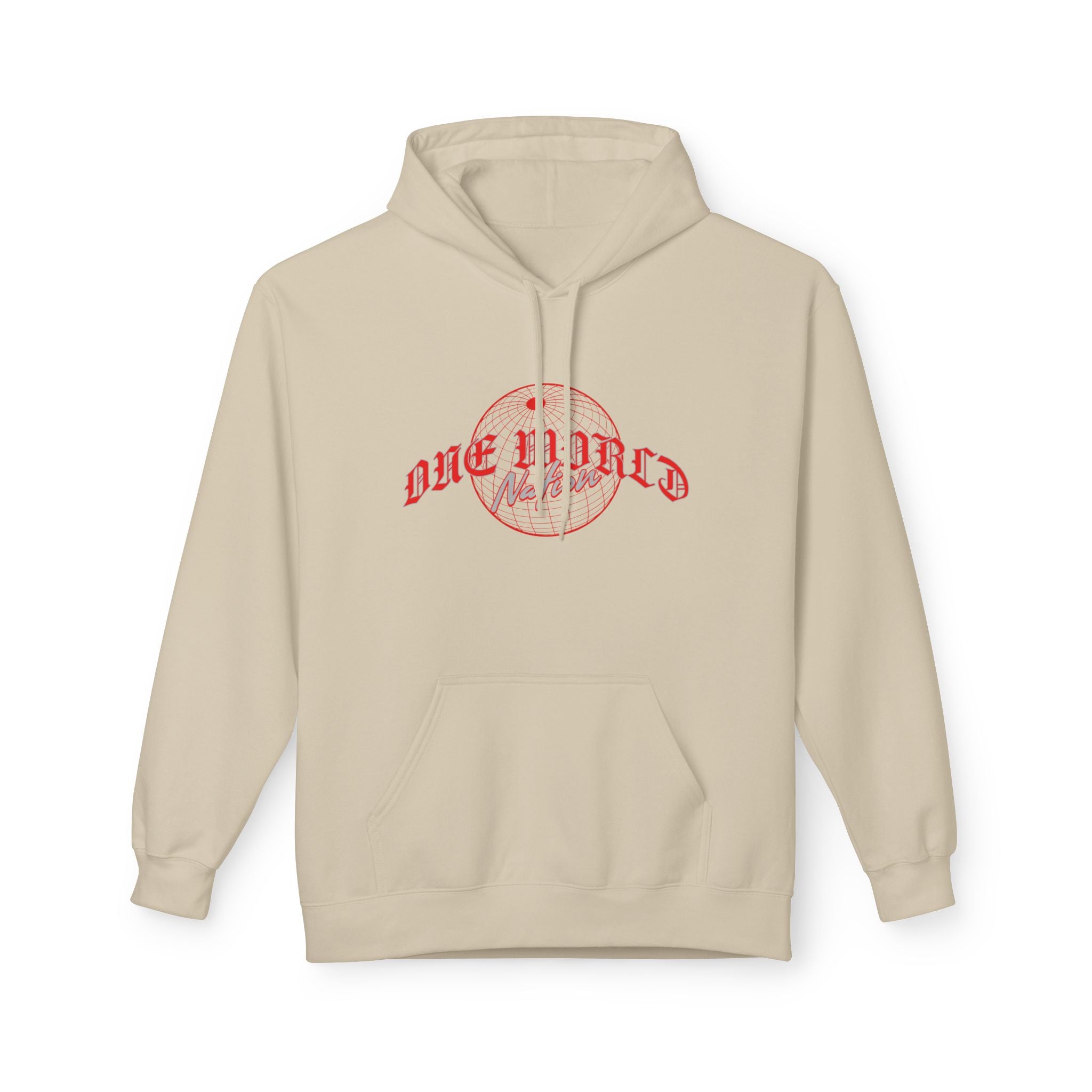 World Hold Graphic Hoodie in beige featuring 'One World' red map design for streetwear style.
