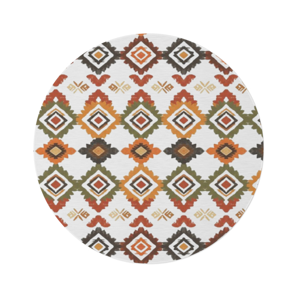 Boho Aztec Round Rug  Earth Tone Geometric Accent Mat
