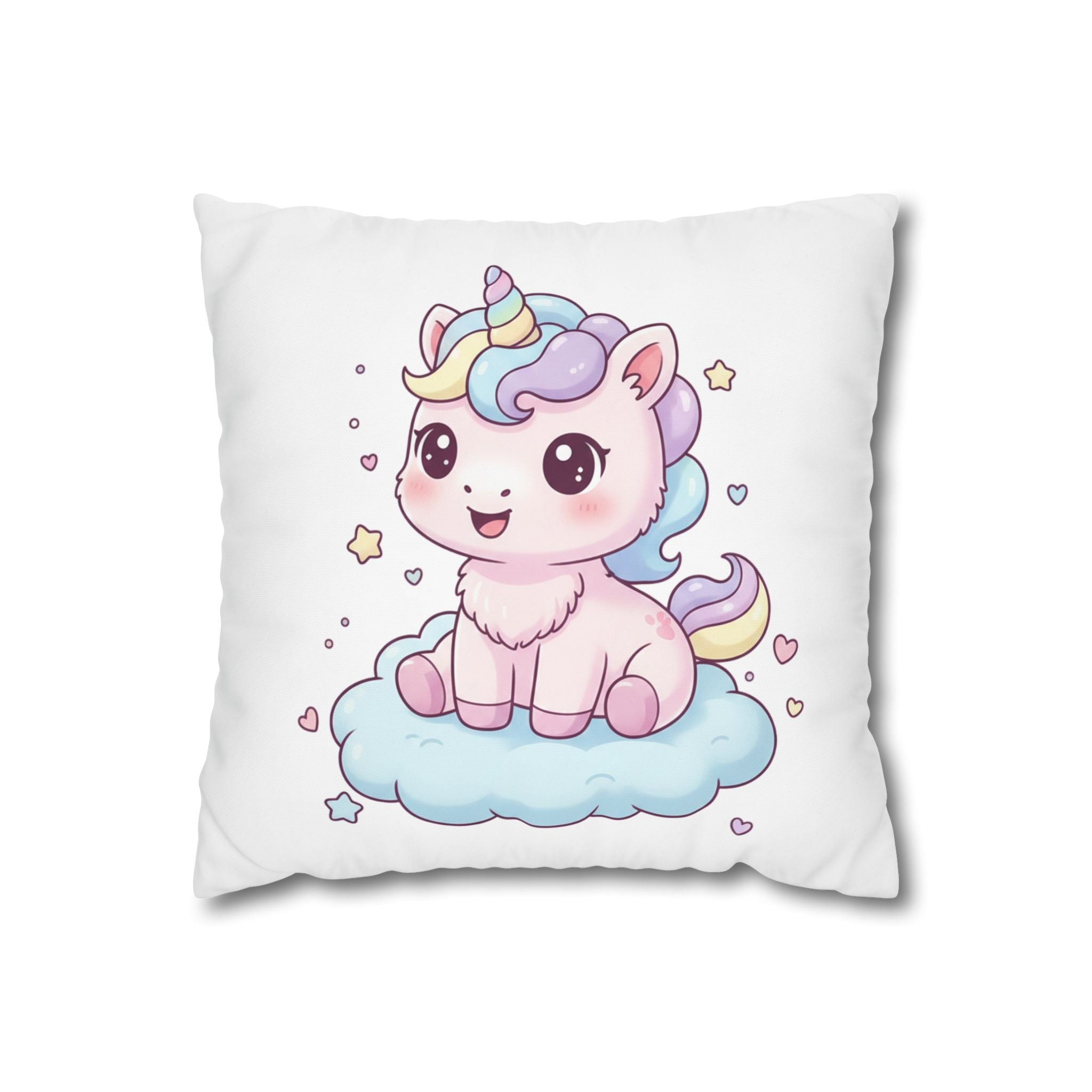 Cute Pastel Unicorn Pillowcase  Kawaii Baby Unicorn on Cloud Square Pillow Cover