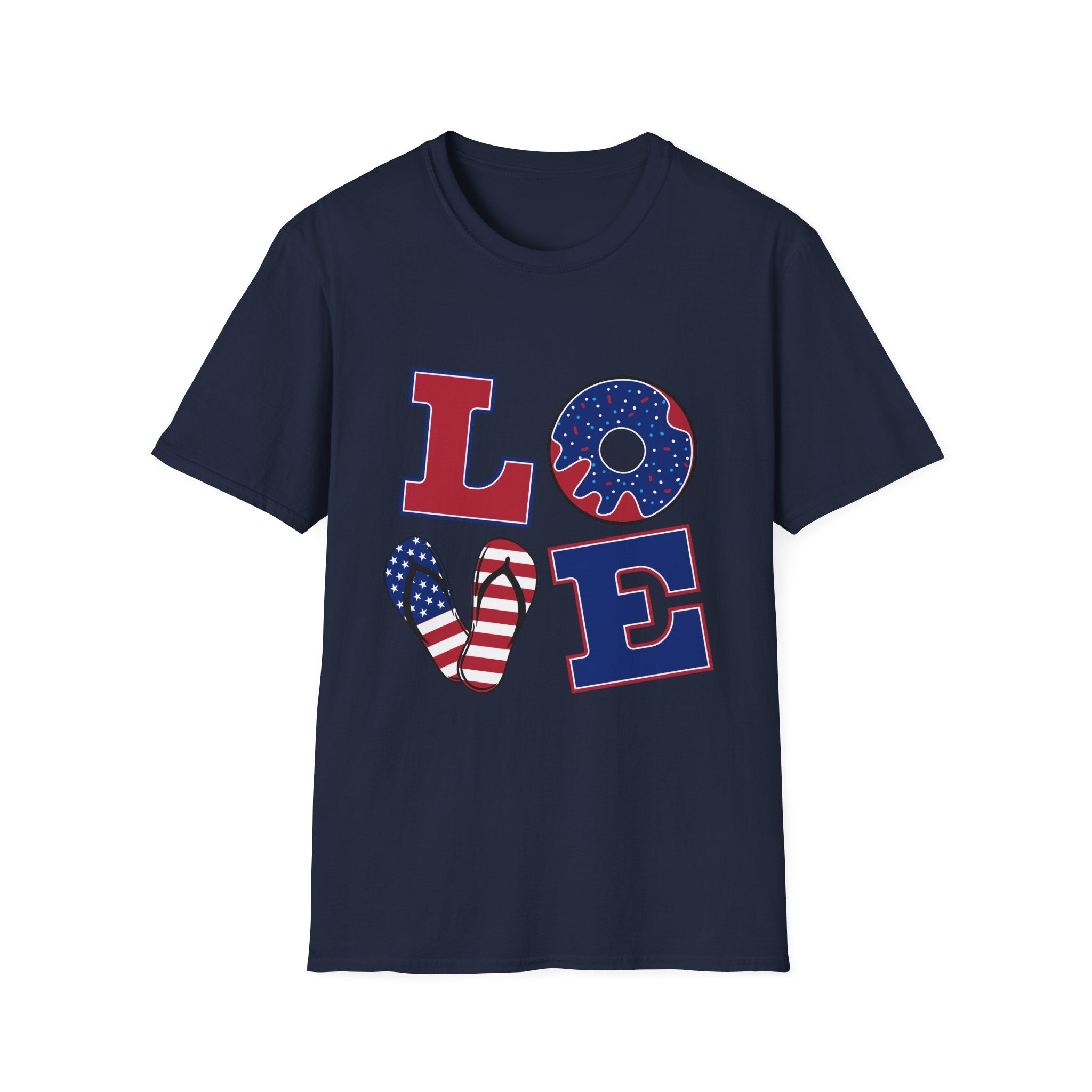 Patriotic LOVE T-Shirt USA Flag Donut & Flip-Flop Fourth of July Tee