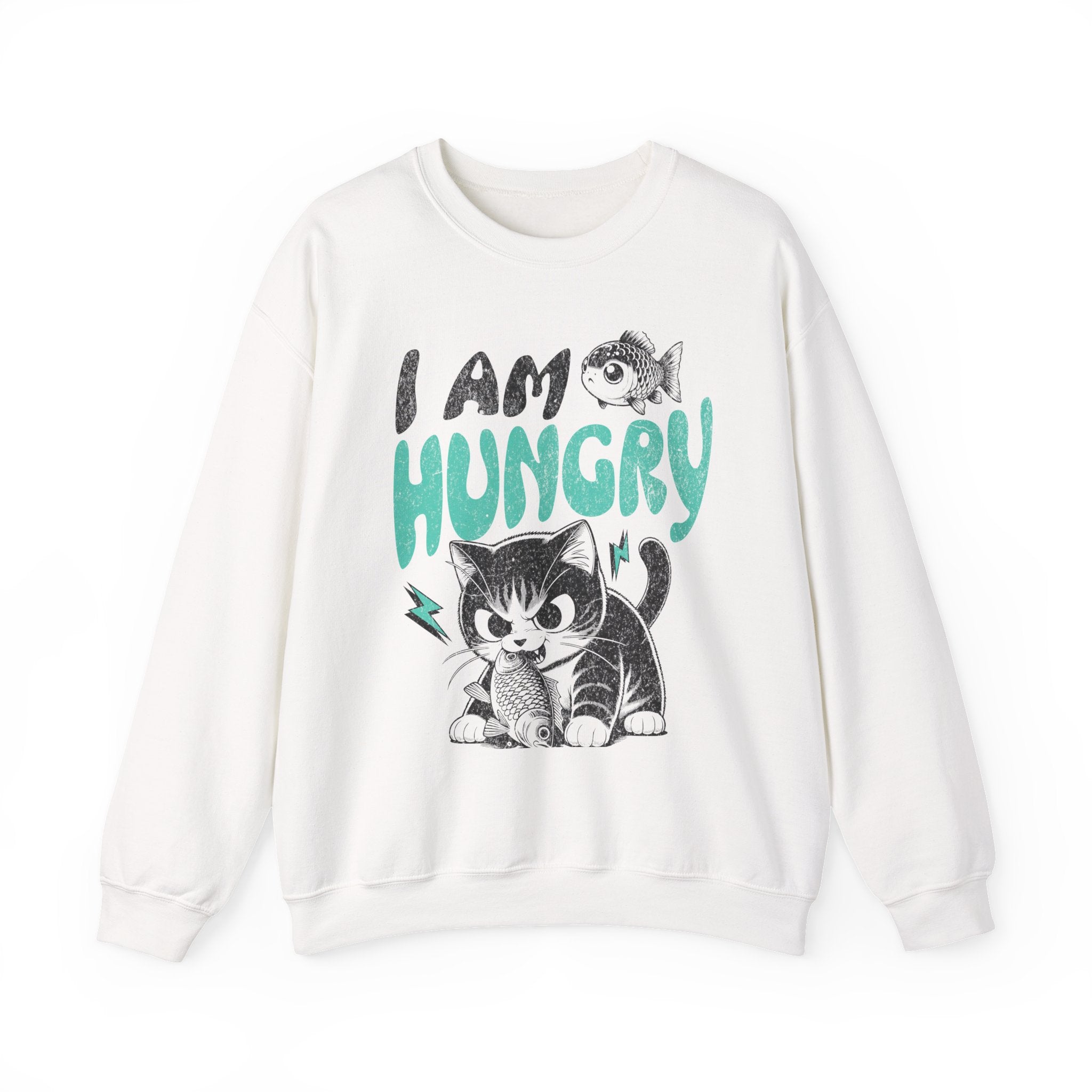 Sweatshirt — Cute Cat "I Am Hungry" Graphic Crewneck