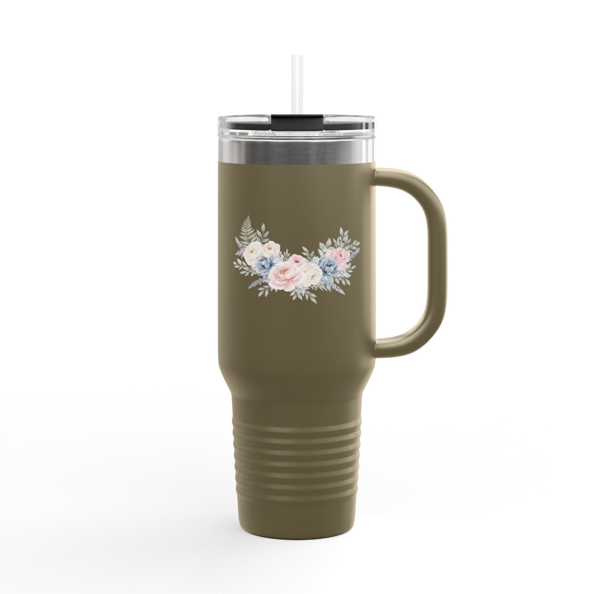 40oz Insulated Travel Mug with Pastel Floral Bouquet – Large Stainless Steel Tumbler, Travel Coffee Cup