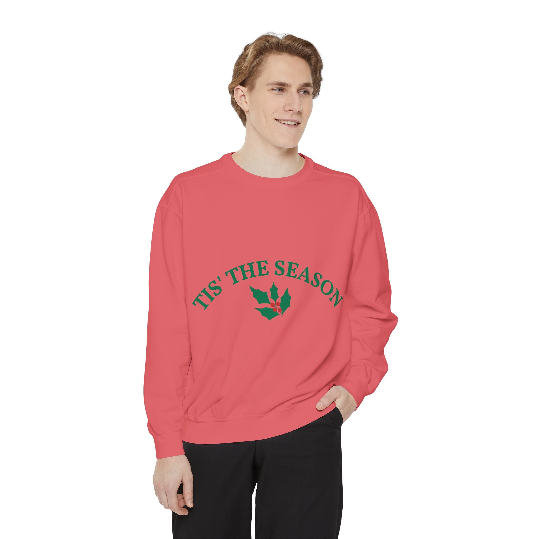 Tis' The Season Sweatshirt Festive Holly Crewneck with Statue of Liberty Backline