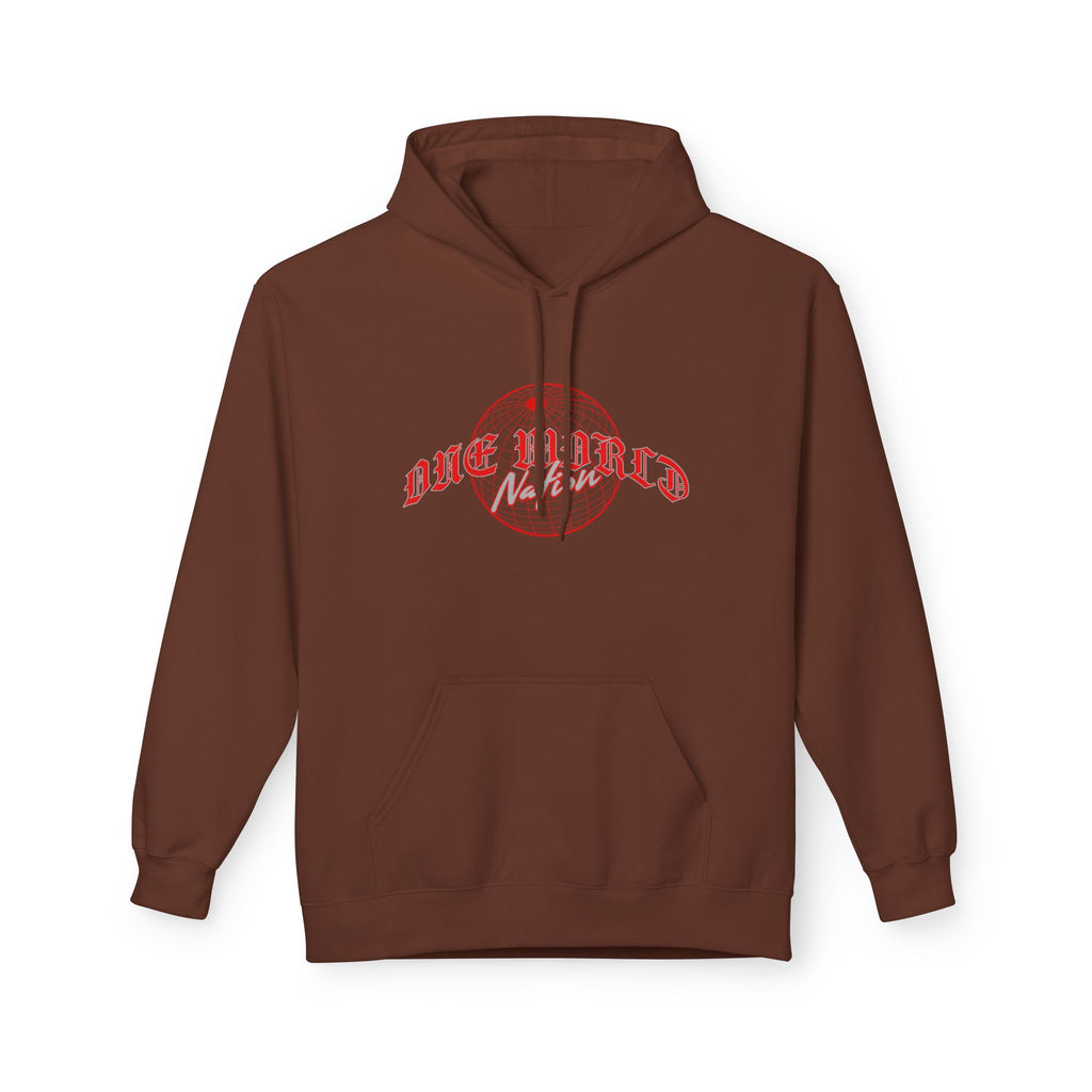 World Hold Graphic Hoodie featuring red map design on brown fabric, stylish streetwear for casual outfits.