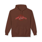 World Hold Graphic Hoodie featuring red map design on brown fabric, stylish streetwear for casual outfits.