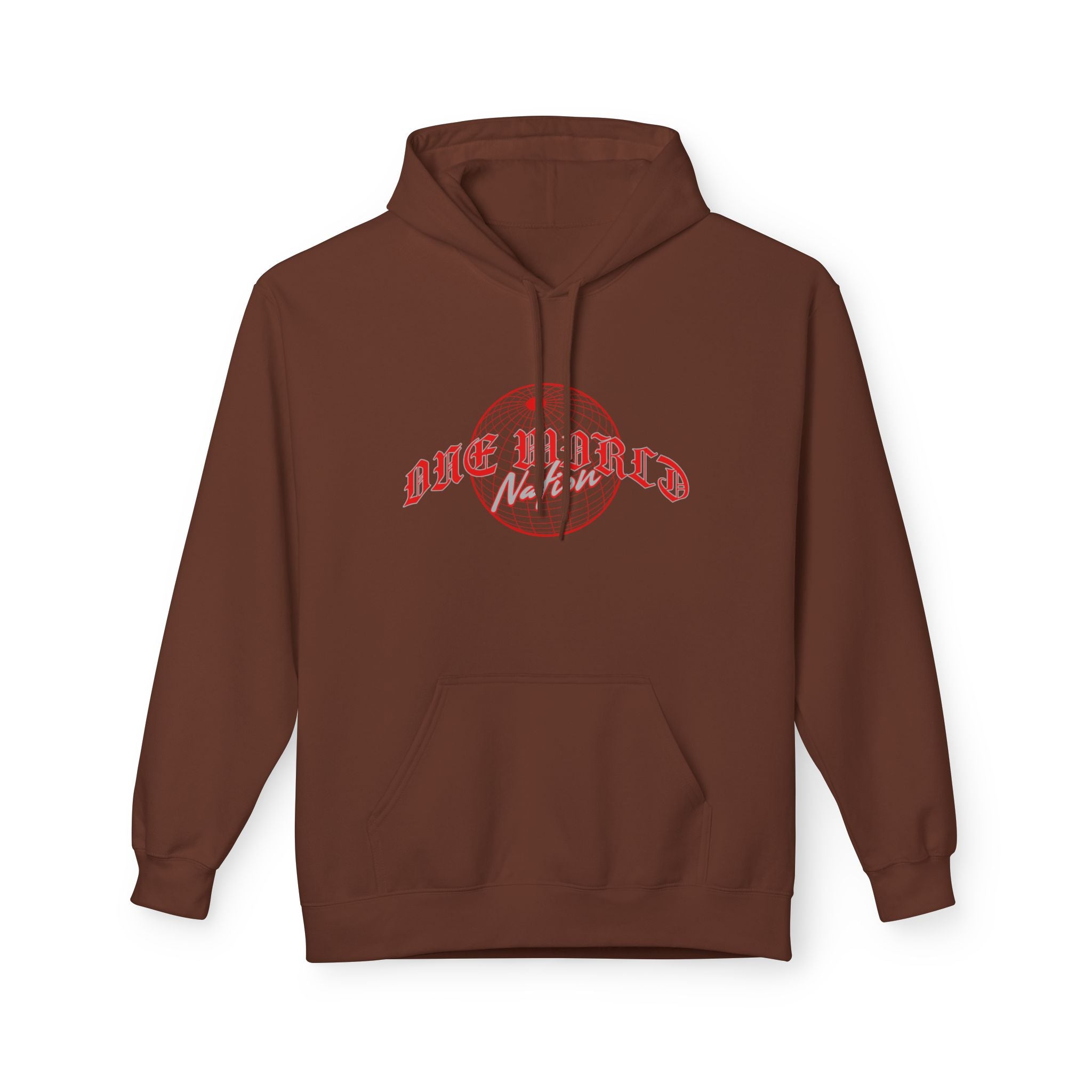 World Hold Graphic Hoodie featuring red map design on brown fabric, stylish streetwear for casual outfits.