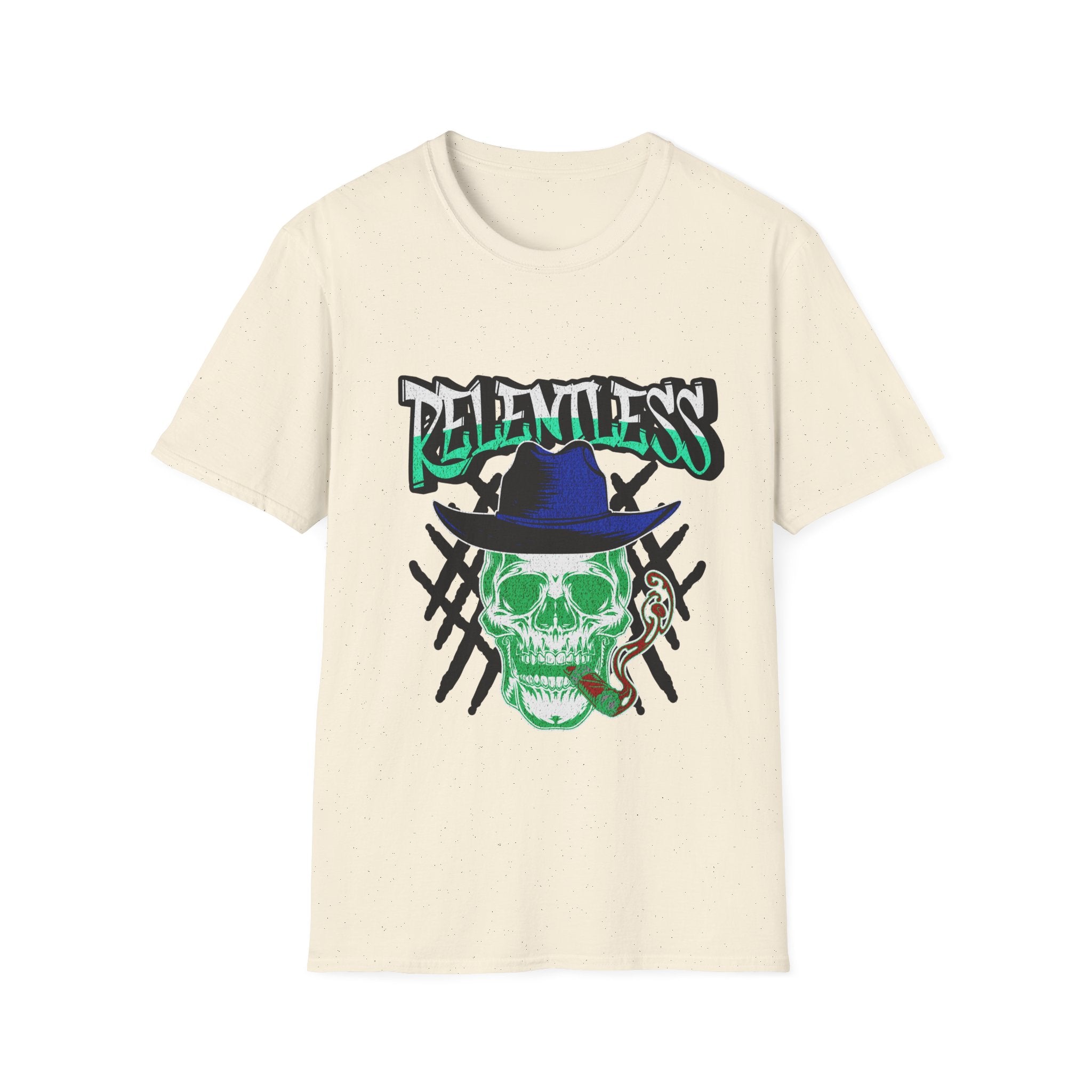 Relentless Skull T-Shirt – Green Skull with Hat & Snake Graphic