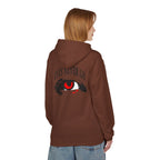 Hoodie featuring 'Eyes Never Lie' graphic design on the back, styled in brown with a relaxed fit.