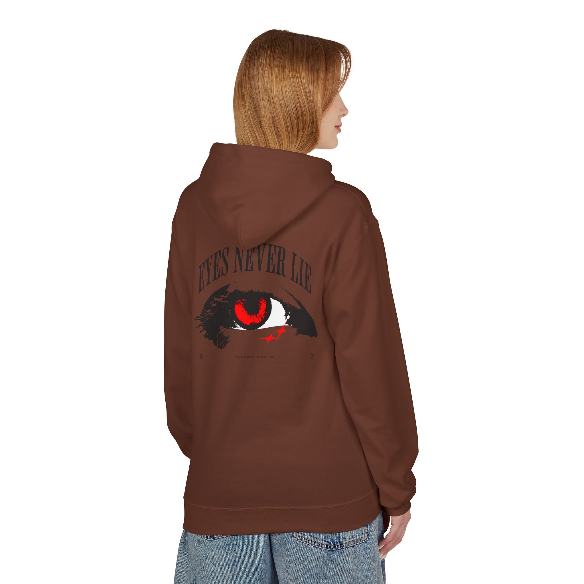 Hoodie featuring 'Eyes Never Lie' graphic design on the back, styled in brown with a relaxed fit.