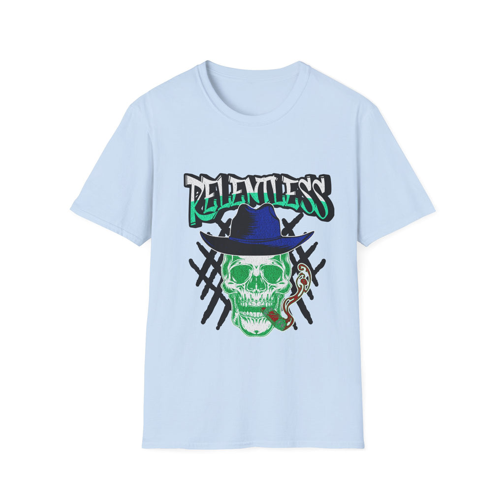 Relentless Skull T-Shirt – Green Skull with Hat & Snake Graphic