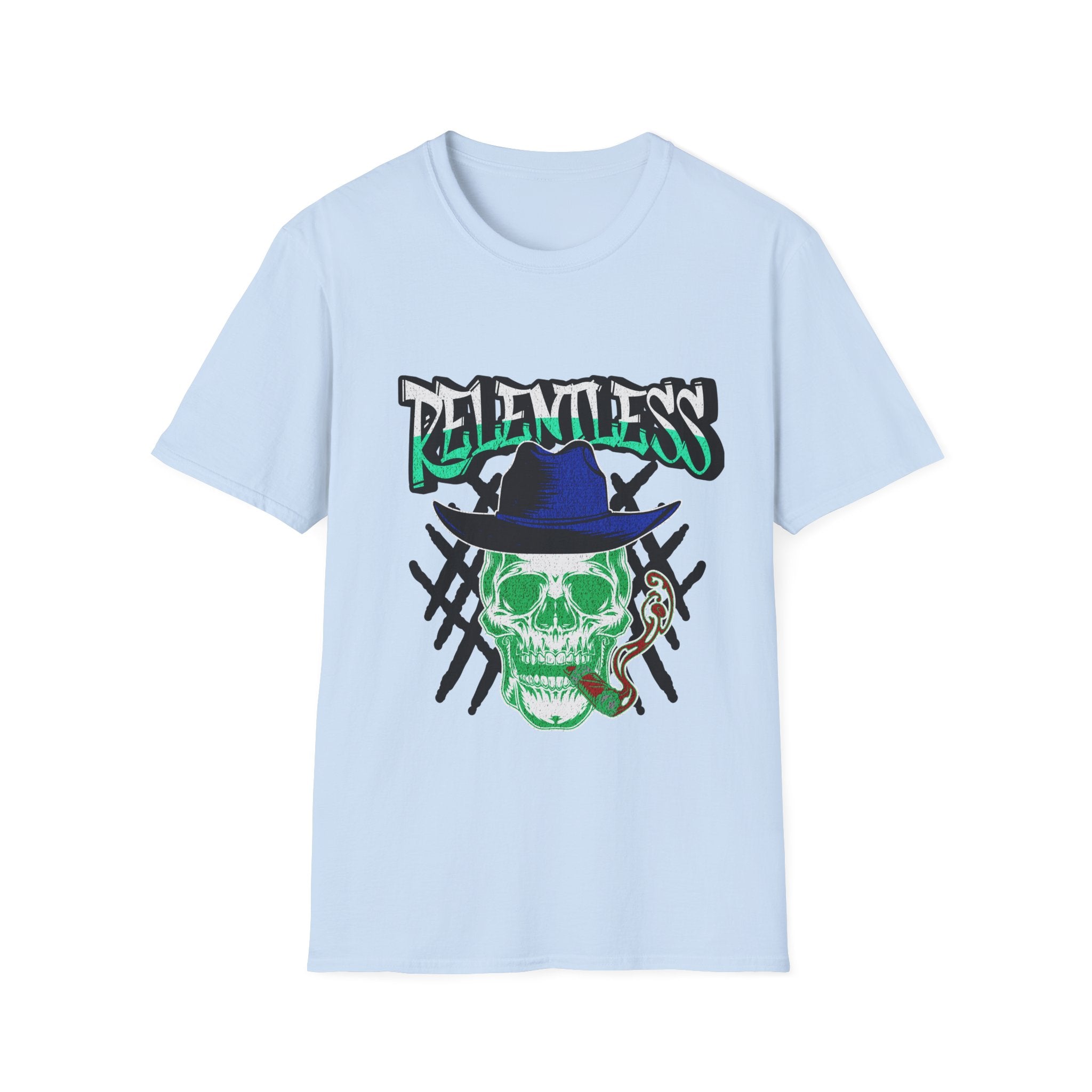 Relentless Skull T-Shirt – Green Skull with Hat & Snake Graphic