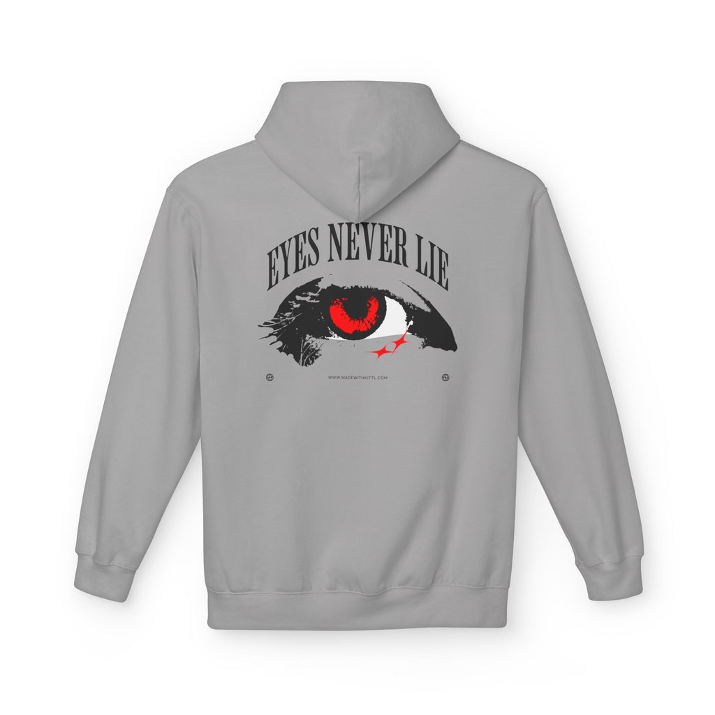 Hoodie featuring 'Eyes Never Lie' graphic design with striking eye illustration on the back.