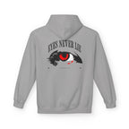 Hoodie featuring 'Eyes Never Lie' graphic design with striking eye illustration on the back.