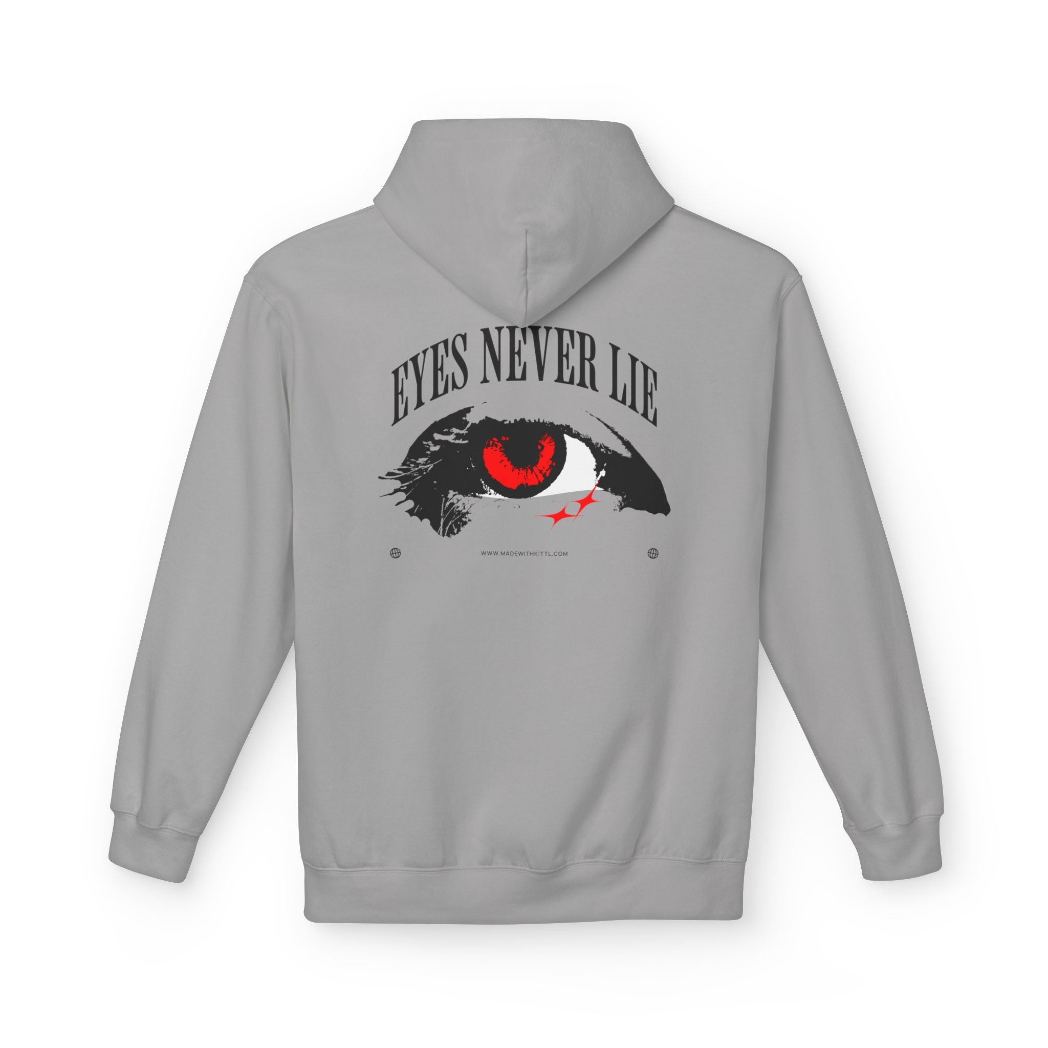 Hoodie featuring 'Eyes Never Lie' graphic design with striking eye illustration on the back.