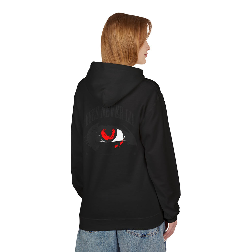 Hoodie featuring the 'Eyes Never Lie' graphic design on the back, shown in black color.