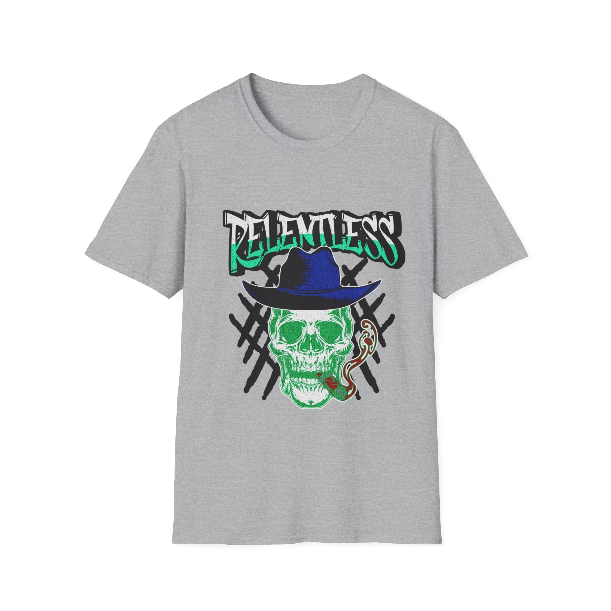 Relentless Skull T-Shirt – Green Skull with Hat & Snake Graphic